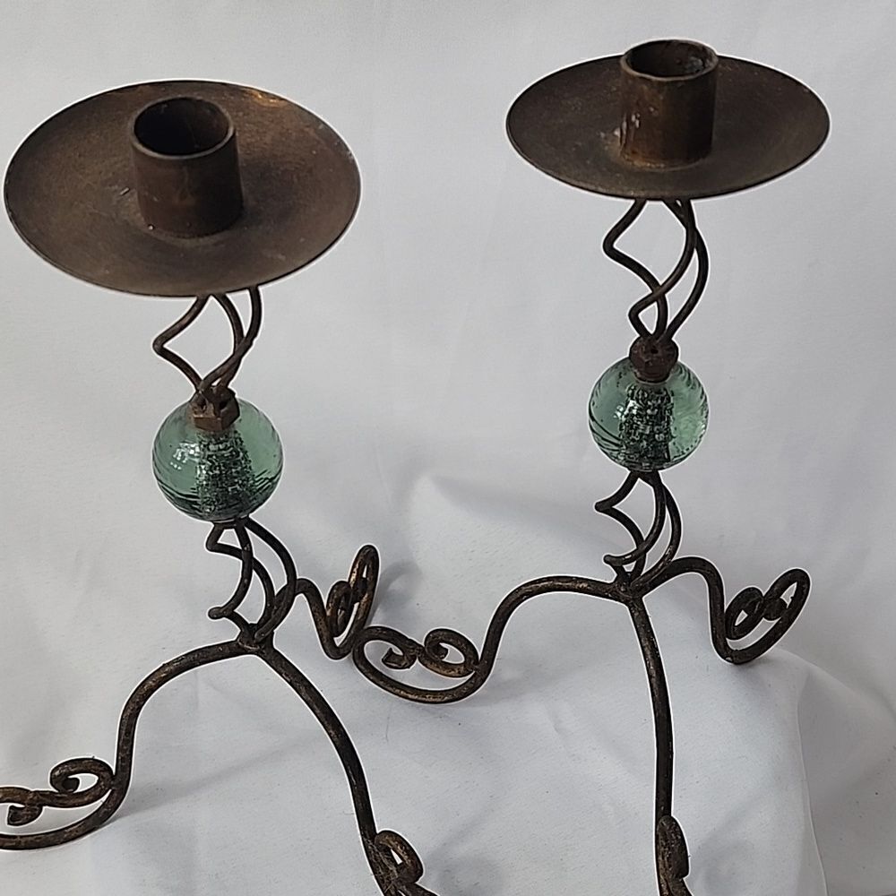 Wrought Iron Orb Candlestick Pair